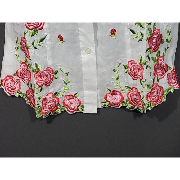 Yue Hwa Champsely Couture 38/8/Med Linen Red Roses Appliques Short Sleeve Blouse - Picture 7 of 12